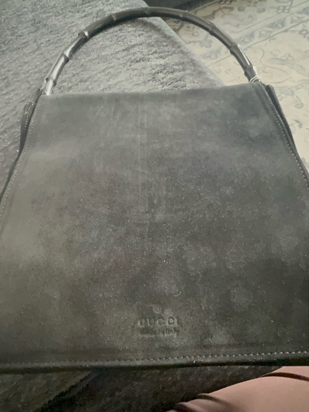 Gucci Black Suede Messenger Bag with Bamboo Handle